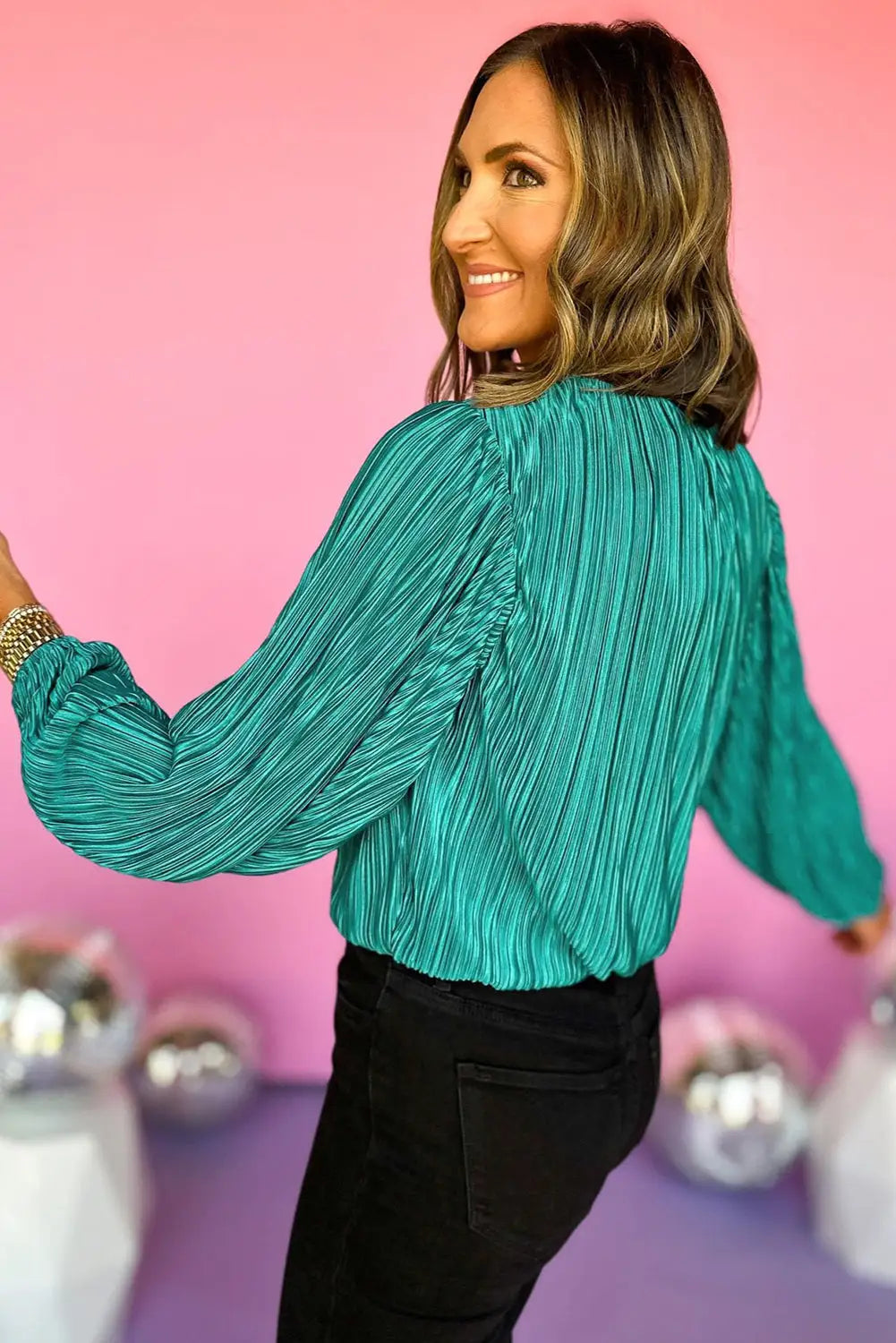 Sea green pleated luster long sleeve top - tops