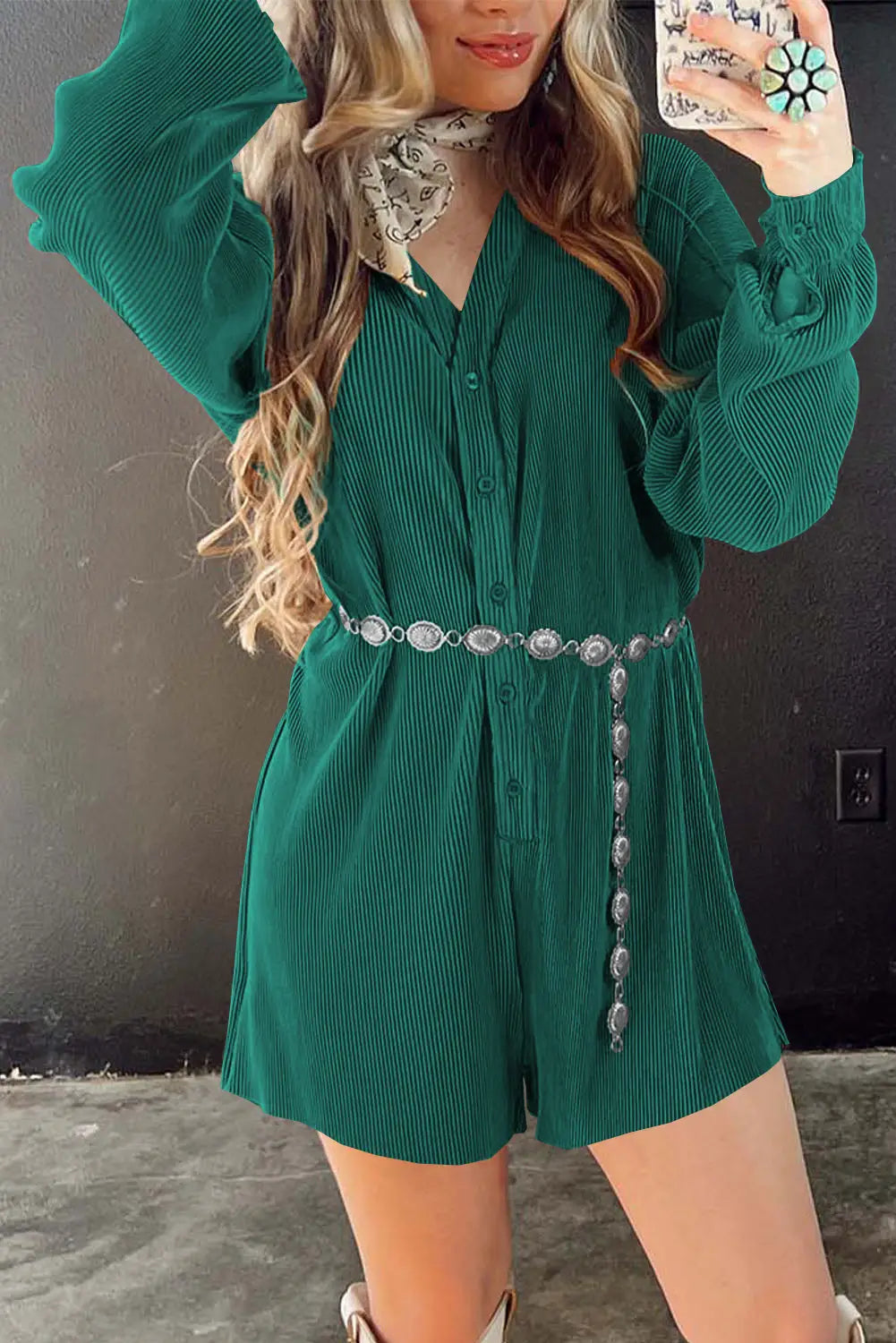 Sea green ribbed long sleeve button front romper - jumpsuits & rompers