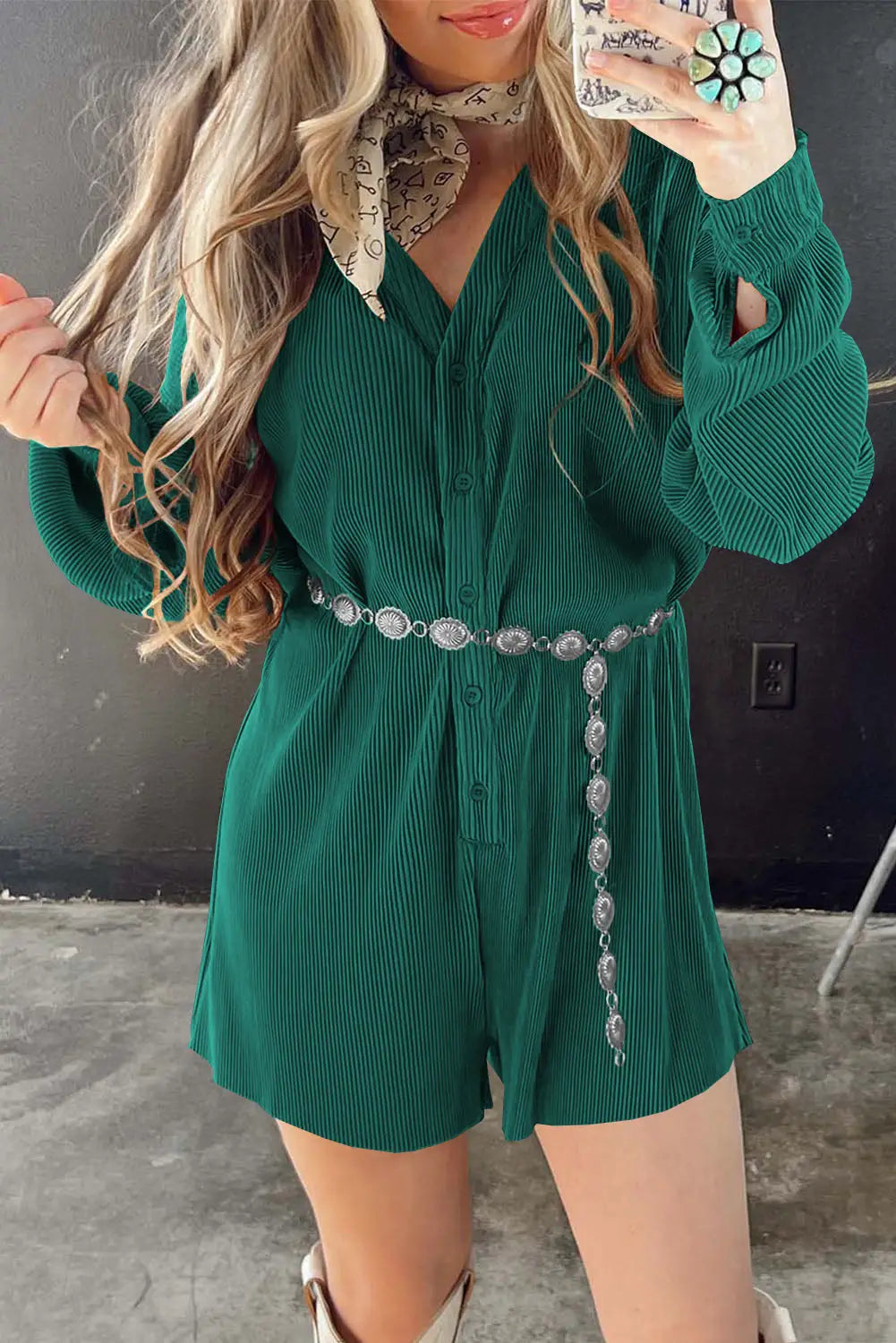 Sea green ribbed long sleeve button front romper - l / 100% polyester - jumpsuits & rompers