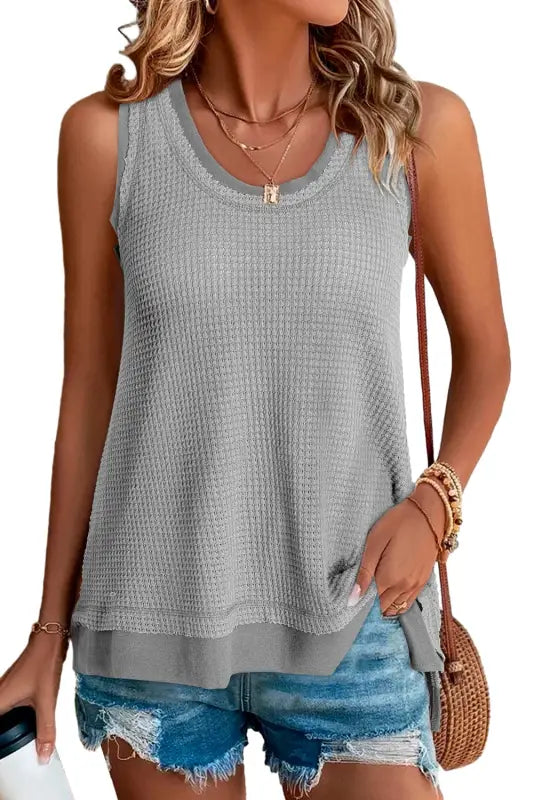 Sea green scoop neck waffle knit flowy vest - tops/tank tops