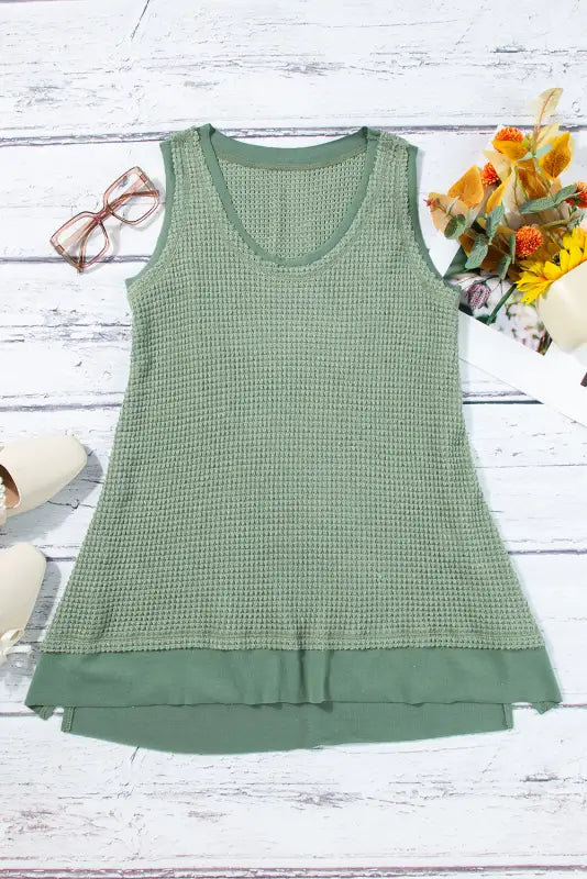 Sea green scoop neck waffle knit flowy vest - tops/tank tops