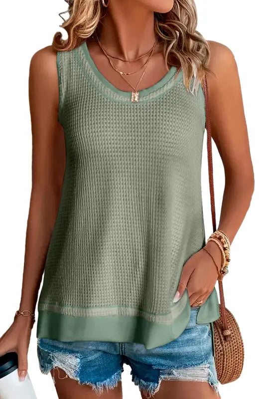 Sea green scoop neck waffle knit flowy vest - tops/tank tops