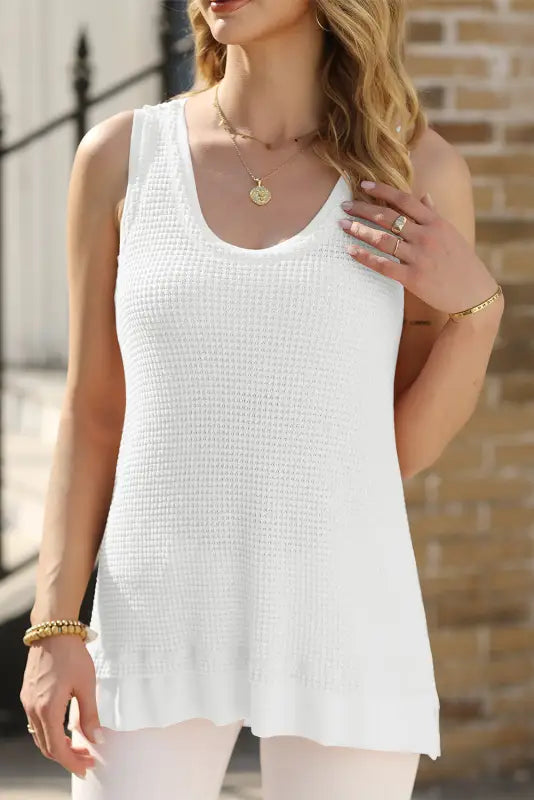 Sea green scoop neck waffle knit flowy vest - tops/tank tops