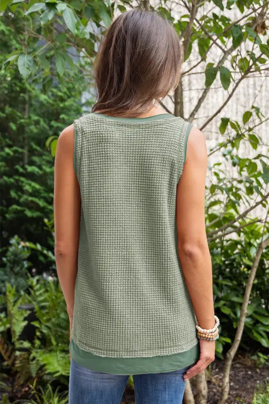 Sea green scoop neck waffle knit flowy vest - tops/tank tops