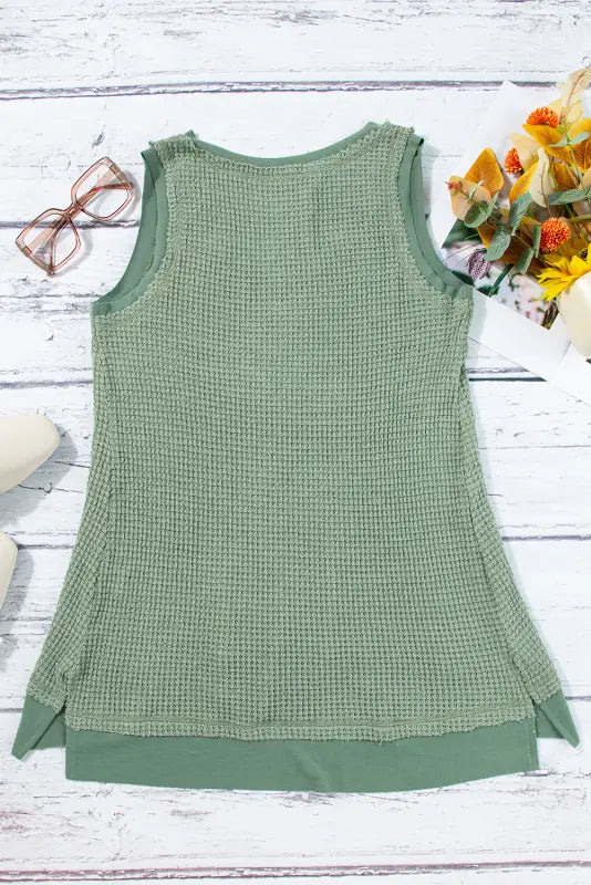 Sea green scoop neck waffle knit flowy vest - tops/tank tops