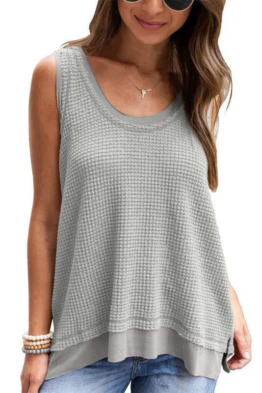 Sea green scoop neck waffle knit flowy vest - tops/tank tops