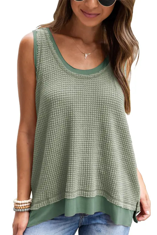 Sea green scoop neck waffle knit flowy vest - tops/tank tops