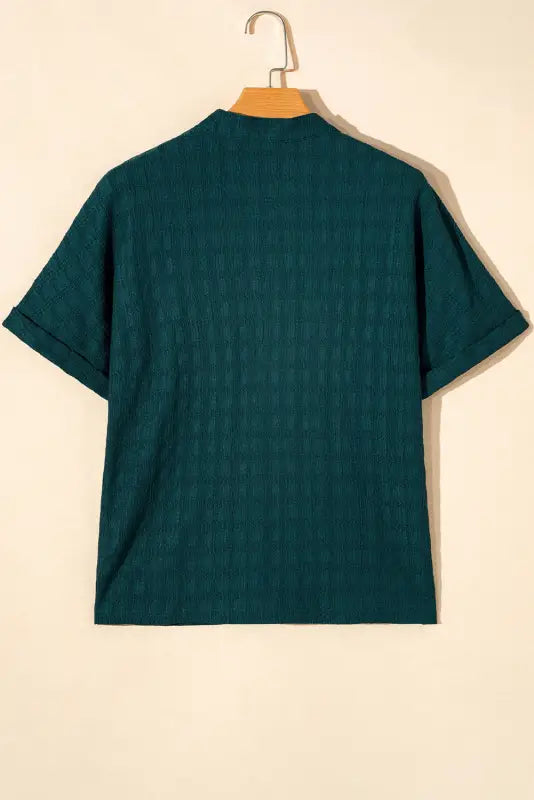 Sea green solid textured split neck short sleeve blouse - tops/blouses & shirts