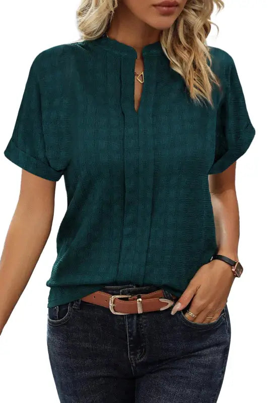 Sea green solid textured split neck short sleeve blouse - tops/blouses & shirts