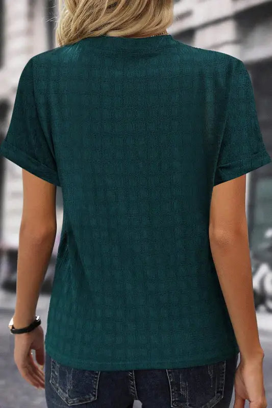 Sea green solid textured split neck short sleeve blouse - tops/blouses & shirts