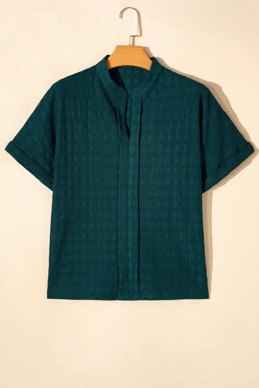 Sea green solid textured split neck short sleeve blouse - tops/blouses & shirts