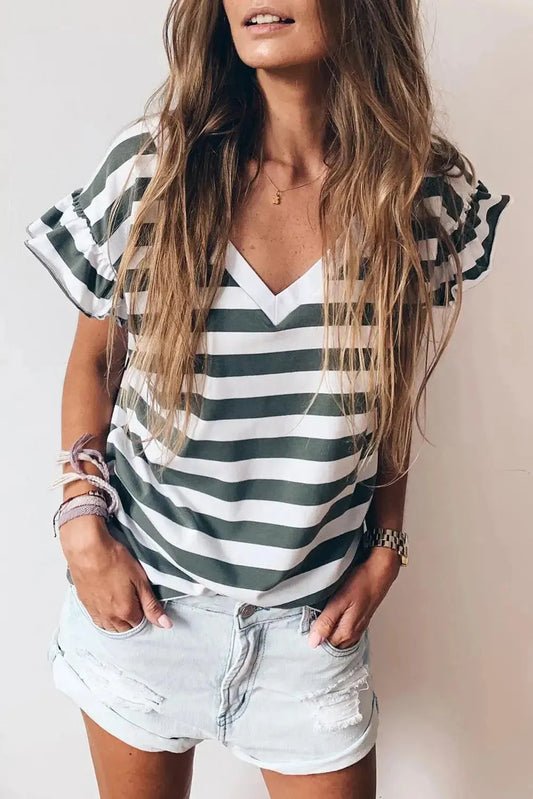 Sea Green Striped V Neck Ruffle Sleeve Top - Fashionfitz
