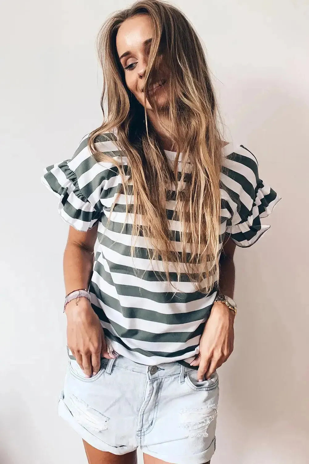 Sea Green Striped V Neck Ruffle Sleeve Top - Fashionfitz