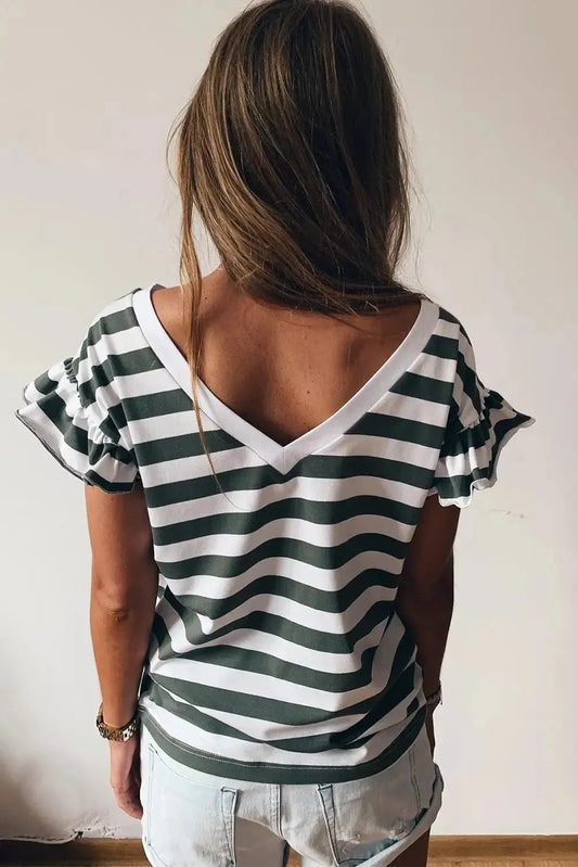 Sea Green Striped V Neck Ruffle Sleeve Top - Fashionfitz