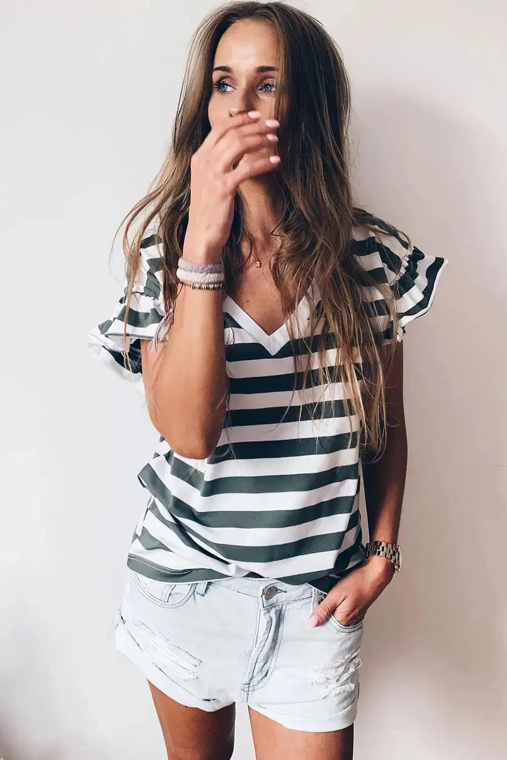 Sea Green Striped V Neck Ruffle Sleeve Top - Fashionfitz