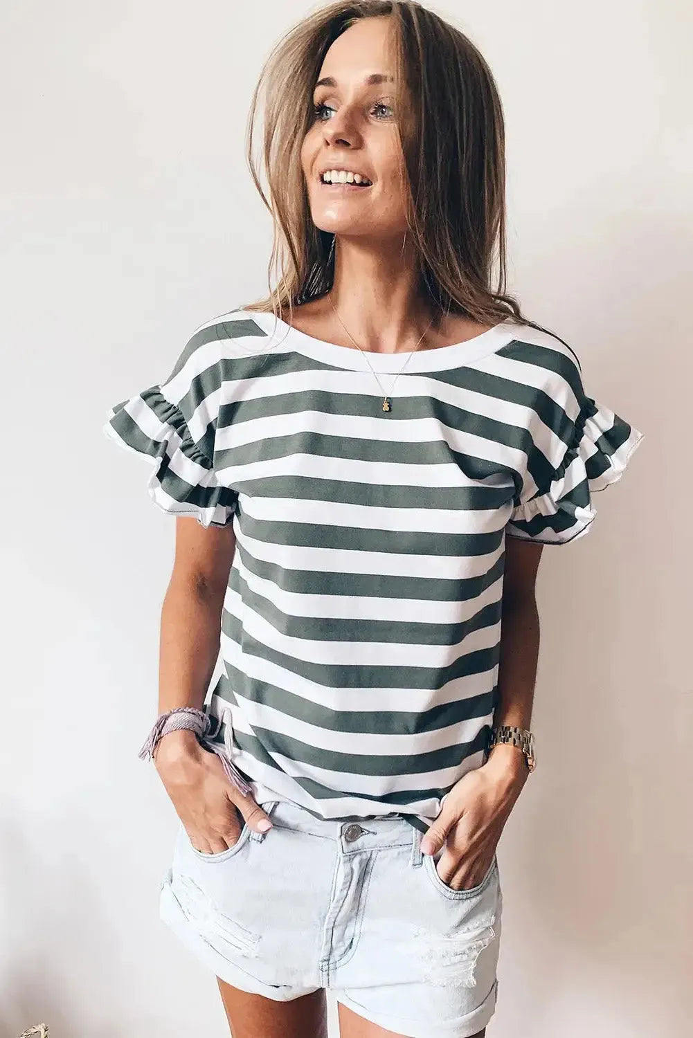 Sea Green Striped V Neck Ruffle Sleeve Top - Fashionfitz