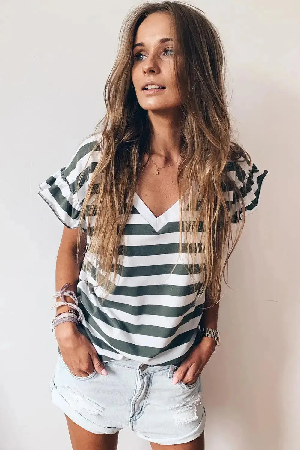 Sea Green Striped V Neck Ruffle Sleeve Top - Fashionfitz