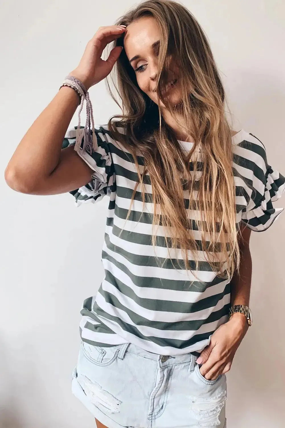 Sea Green Striped V Neck Ruffle Sleeve Top - Fashionfitz