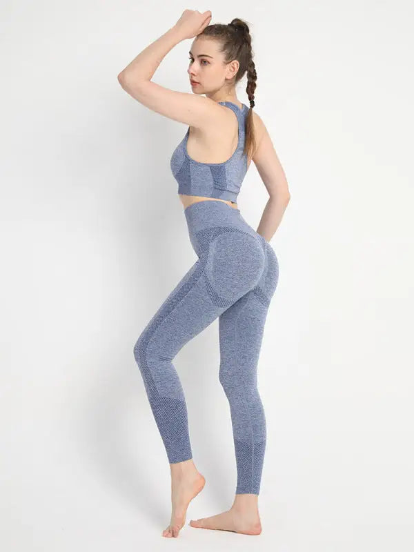 Seamless hip trousers racerback bra sports set - activewear leggings sets