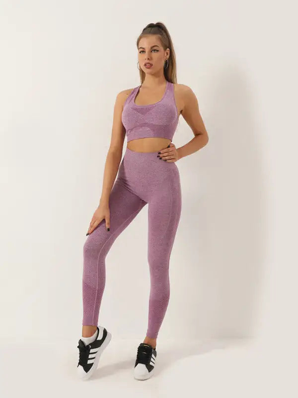 Seamless hip trousers racerback bra sports set - dark purple / s - activewear leggings sets