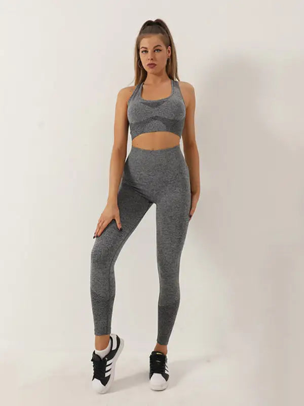 Seamless hip trousers racerback bra sports set - deep hemp gray / s - activewear leggings sets