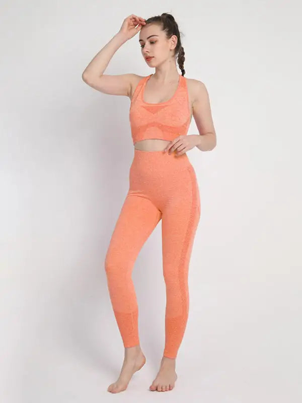 Seamless hip trousers racerback bra sports set - orange / s - activewear leggings sets