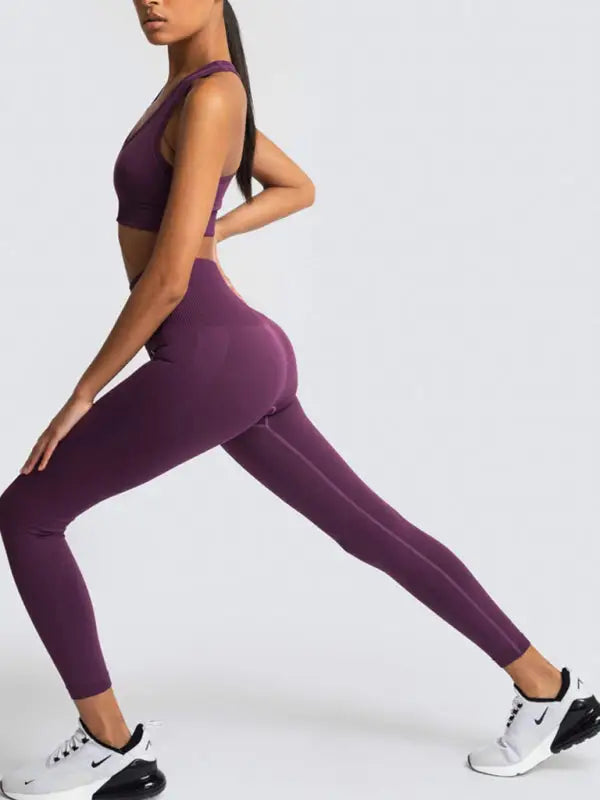 Seamless knitted vest trousers two-piece yoga set - activewear leggings sets