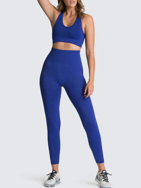 Seamless knitted vest trousers two-piece yoga set - activewear leggings sets