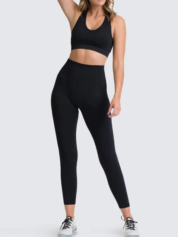 Seamless knitted vest trousers two-piece yoga set - black / s - activewear leggings sets