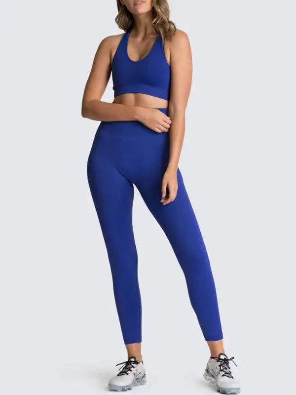 Seamless knitted vest trousers two-piece yoga set - champlain color / s - activewear leggings sets