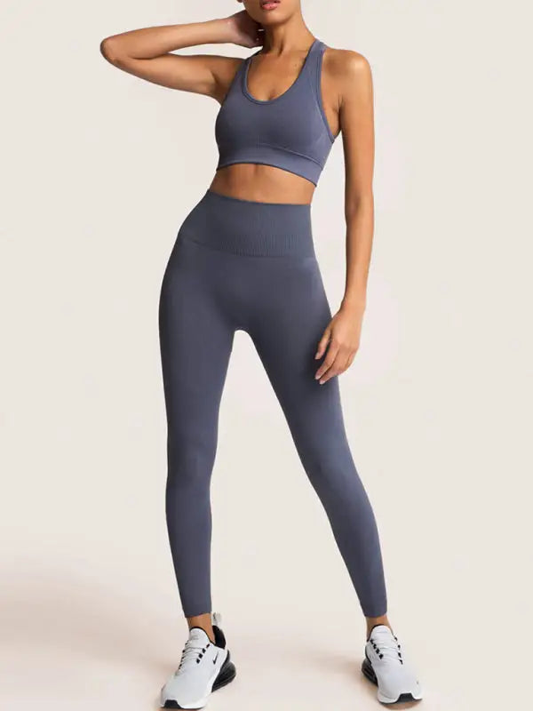Seamless knitted vest trousers two-piece yoga set - charcoal grey / s - activewear leggings sets