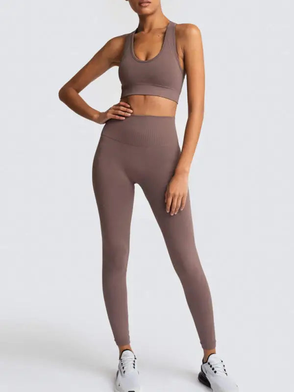 Seamless knitted vest trousers two-piece yoga set - coffee / s - activewear leggings sets
