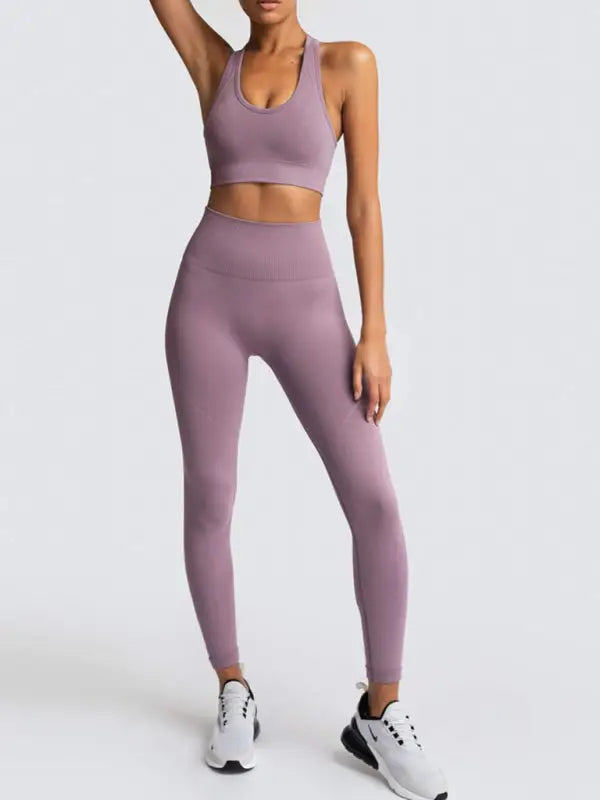 Seamless knitted vest trousers two-piece yoga set - dark purple / s - activewear leggings sets