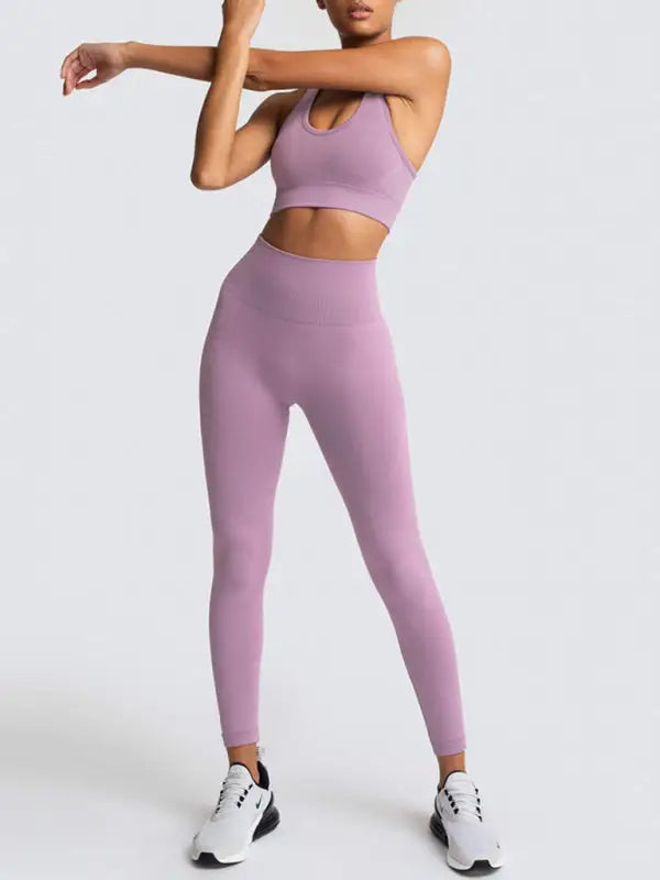 Seamless knitted vest trousers two-piece yoga set - fuchsia / s - activewear leggings sets