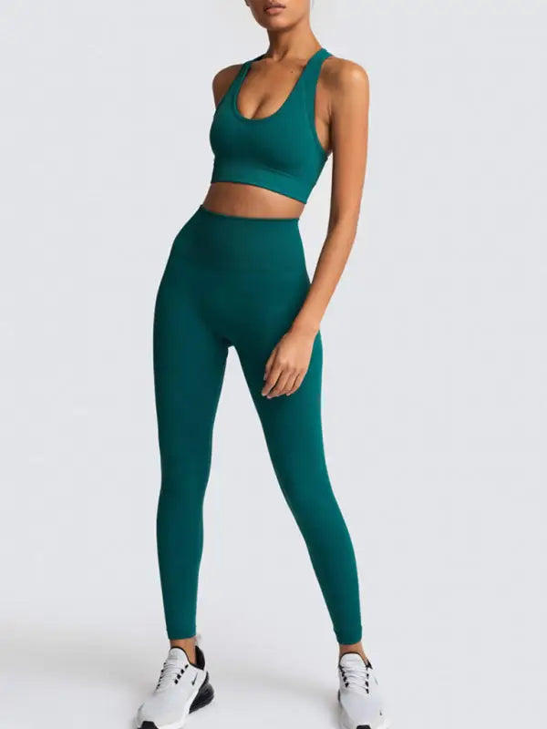 Seamless knitted vest trousers two-piece yoga set - green black jasper / s - activewear leggings sets