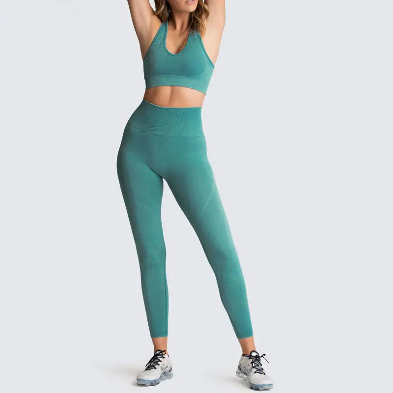 Seamless knitted vest trousers two-piece yoga set - peacock blue / s - activewear leggings sets