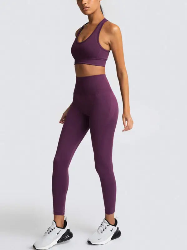 Seamless knitted vest trousers two-piece yoga set - purplish red / s - activewear leggings sets