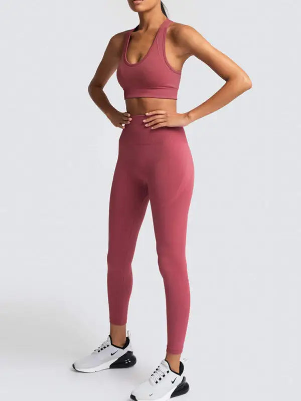 Seamless knitted vest trousers two-piece yoga set - red bean grey / s - activewear leggings sets