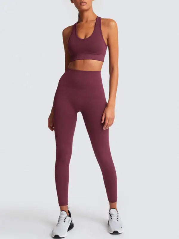 Seamless knitted vest trousers two-piece yoga set - wine red / s - activewear leggings sets