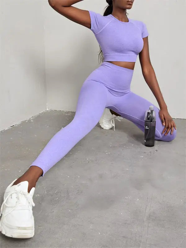 Seamless yoga short sleeve + pants two-piece set - activewear leggings sets