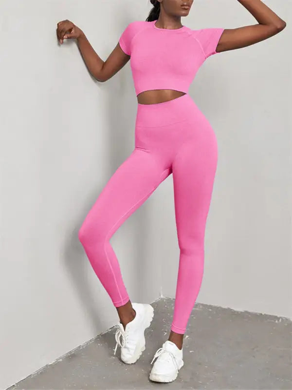 Seamless yoga short sleeve + pants two-piece set - pink / s - activewear leggings sets