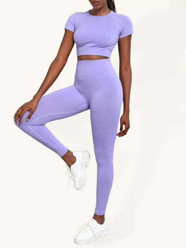 Seamless yoga short sleeve + pants two-piece set - purple / s - activewear leggings sets