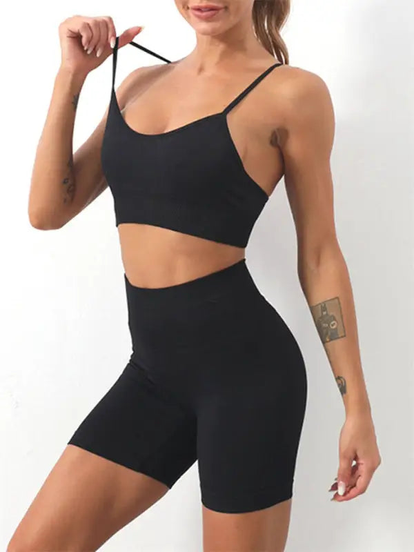 Seamless yoga sports bra + shorts two-piece set - black / s - activewear