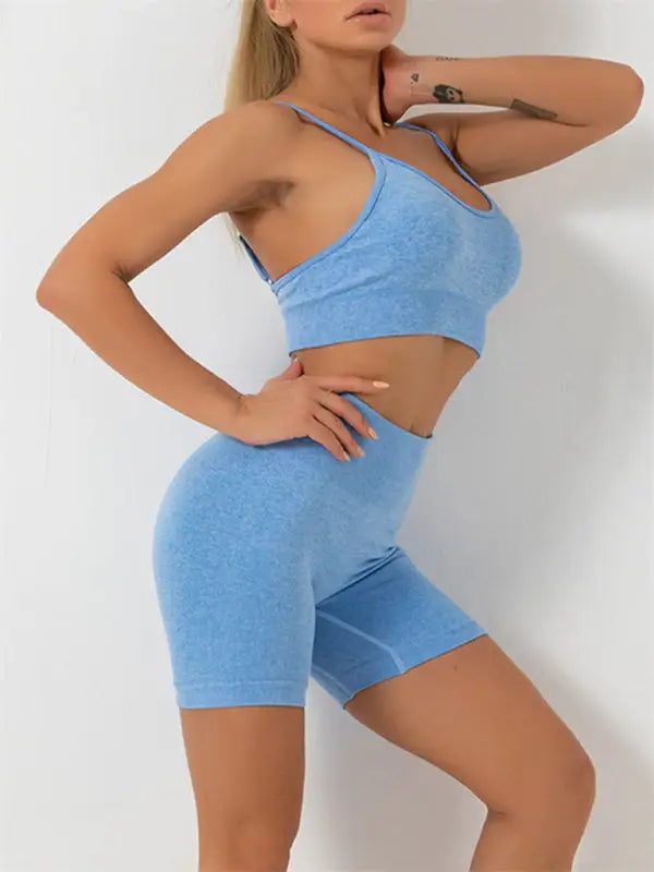 Seamless yoga sports bra + shorts two-piece set - blue / s - activewear