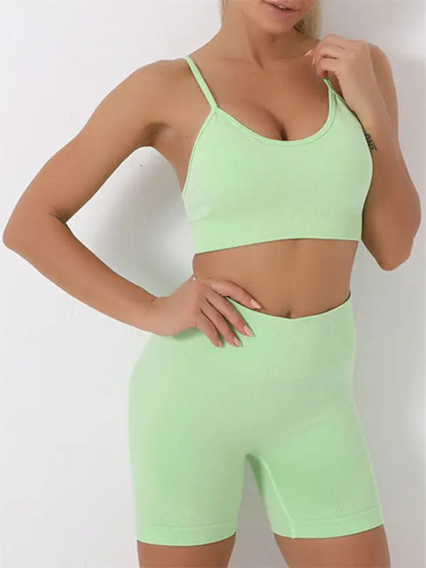 Seamless yoga sports bra + shorts two-piece set - green / s - activewear