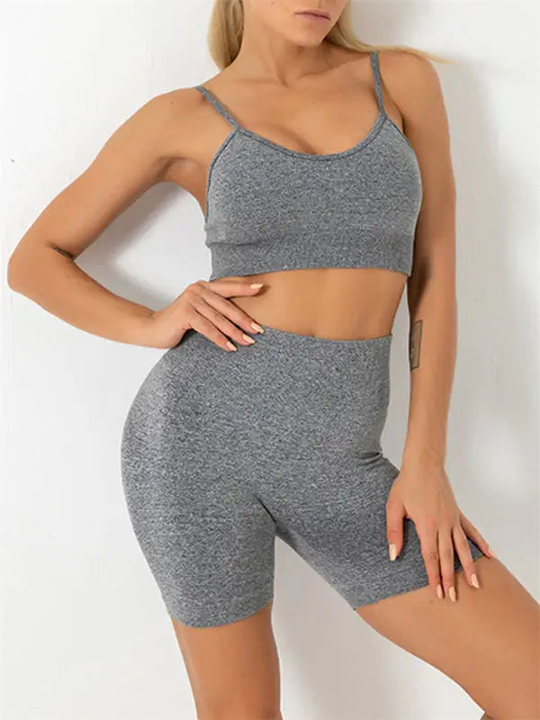 Seamless yoga sports bra + shorts two-piece set - grey / s - activewear