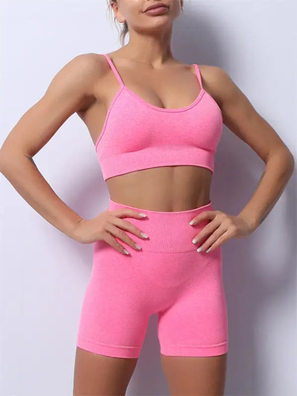 Seamless yoga sports bra + shorts two-piece set - rose / s - activewear