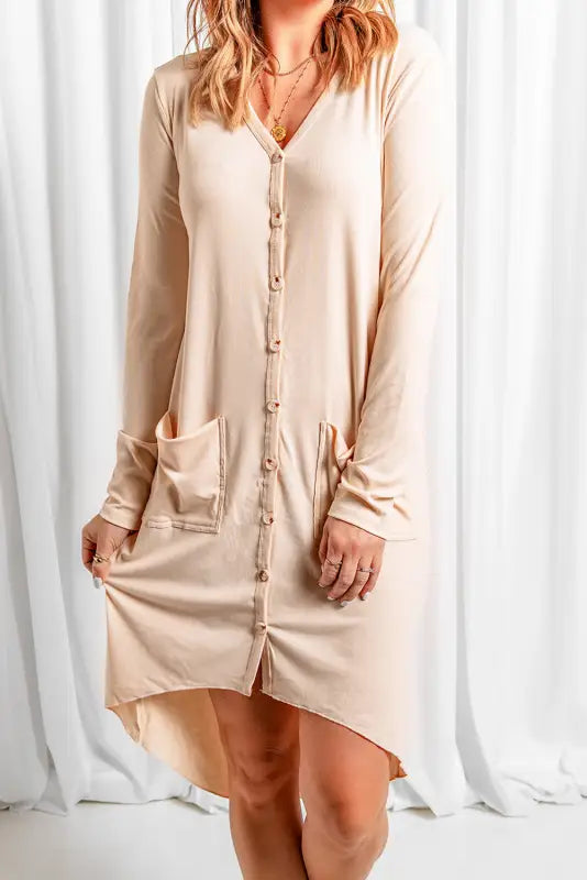 Apricot selected button pocketed high low cardigan - s / 95% polyester + 5% spandex - sweaters & cardigans