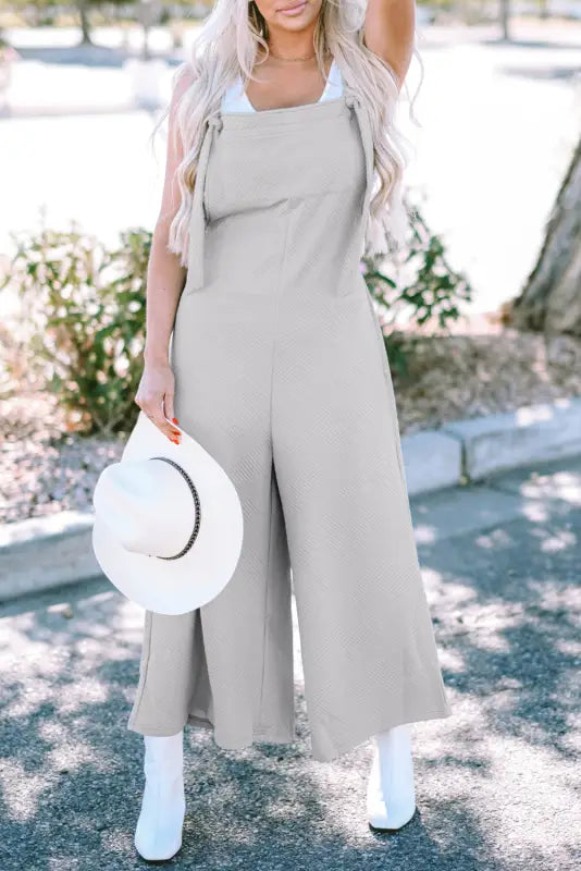 Self-tie strap wide-leg overalls