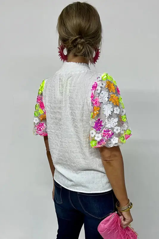 Sequin flower puff sleeve top - tops/tops & tees